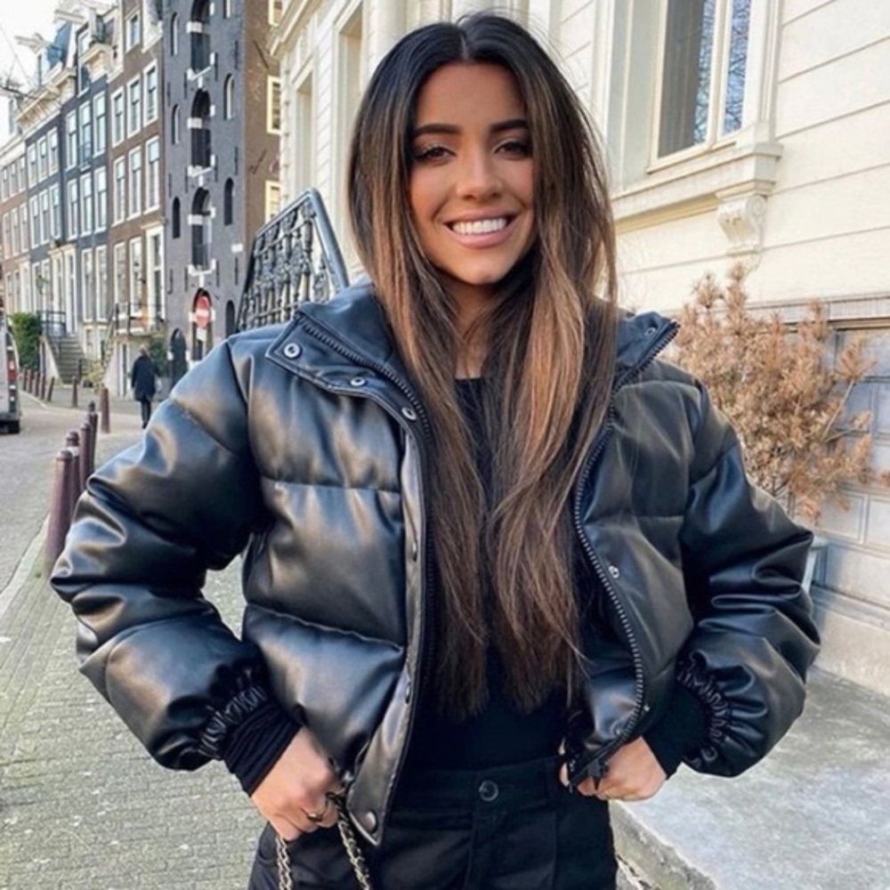 Zara Cropped Black Faux Leather Puffer Coat